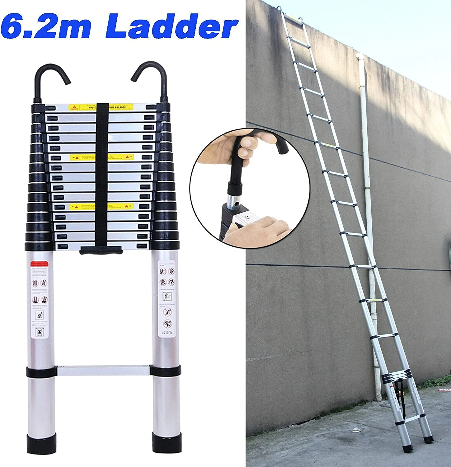 Extension Ladder 20.3ft Telescoping Ladder 2 Detachable Ladder Hooks Extendable Ladders for Home, Folding Loft Ladder Collapsible Ladder Lightweight 330lbs Max Capacity, for RV, Roofing, Household