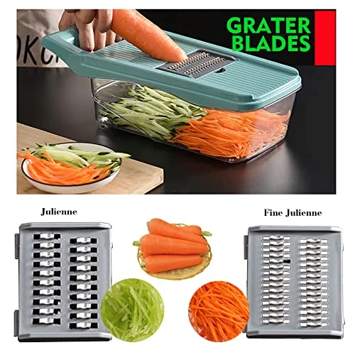 13-in-1 Vegetable Chopper - Vegetable Slicer - Egg Separator - Onion Chopper with Container - Pro Food Chopper - Grey Slicer Dicer Cutter - 8 Blades -1 peeler