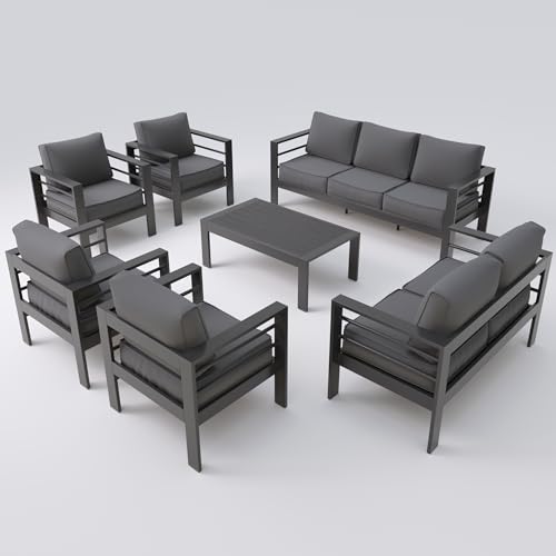 UDPATIO 8 Piece Aluminum Patio Furniture Set, Oversized Modern Outdoor Furniture Set with Olefin Fabric Cushion for Patio Deck Backyard, Dark Grey(with Waterproof Covers)
