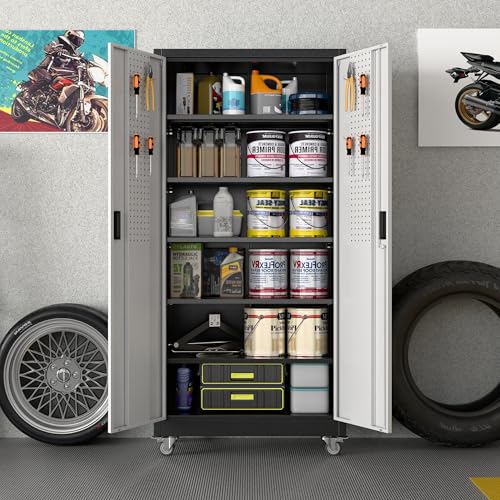Aobabo 73''H Metal Garage Storage Cabinet with Wheels and Pegboards, 4 Adjustable Shelves Steel Storage Cabinets for Home,Warehouse,Garage,Assembly Required,White