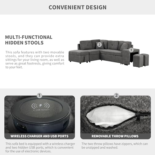 DEINPPA Sleeper Sofa, Sectional Sleeper Sofa with Double Storage Ottoman and 2 Stools, L Shape Sofa Wireless Charger and Two Hidden USB Ports for Living Room, Chenille Fabric-Cream