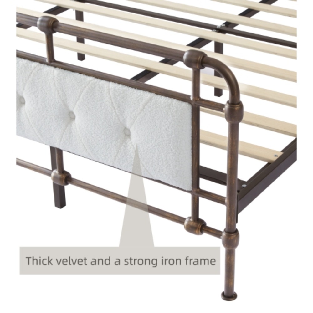 Queen size High Boad Metal bed with soft head and tail, no spring, easy to assemble, no noise  Foam + White + Metal + Bedroom + Queen + Bed Frame