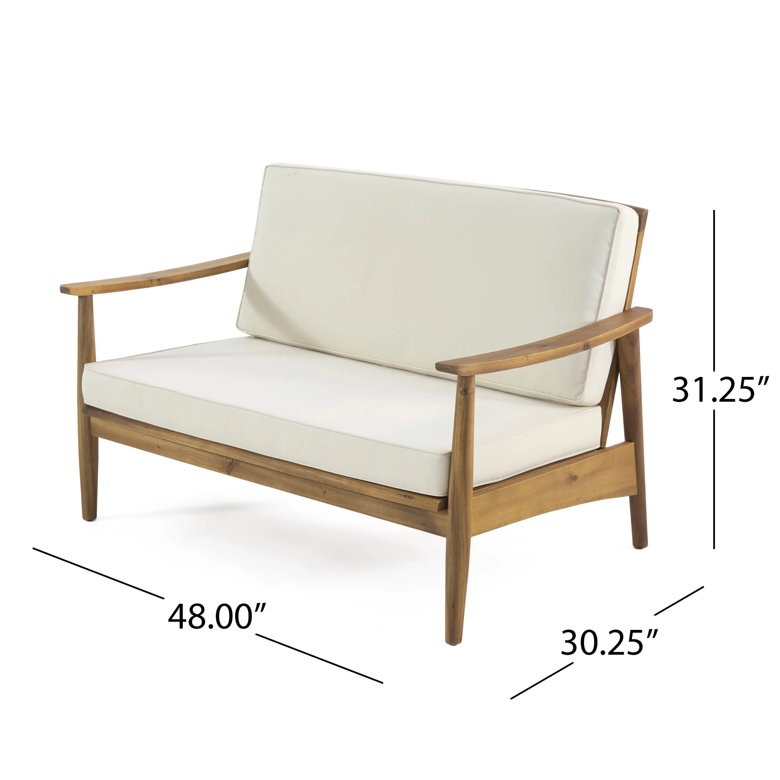Greta Outdoor Acacia Wood Loveseat Set with Coffee Table, Teak, Beige