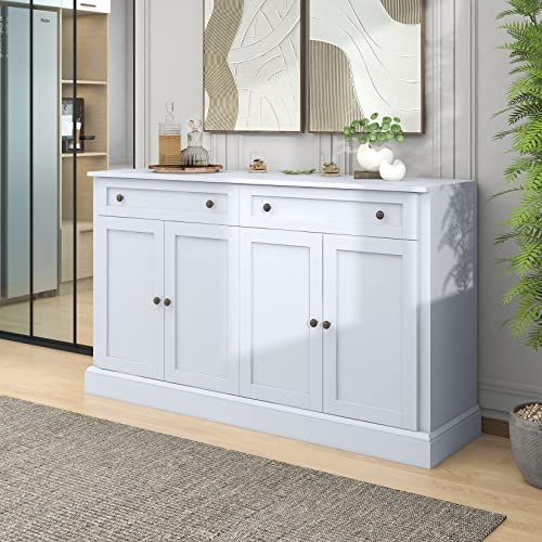 60" Sideboard Buffet with Storage, 4-Door Accent Bar Cabinet, Distressed Wood Storage Cupboard with 2 Drawers and Adjustable Shelves for Kitchen, Dining Room, Living Room, Entryway, White