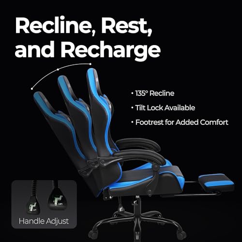 N-GEN Video Gaming Chair with Footrest High Back Ergonomic Comfortable Office Computer Desk with Lumbar Support Height Adjustable with PU Leather Recliner for Adults Women Men (Black)