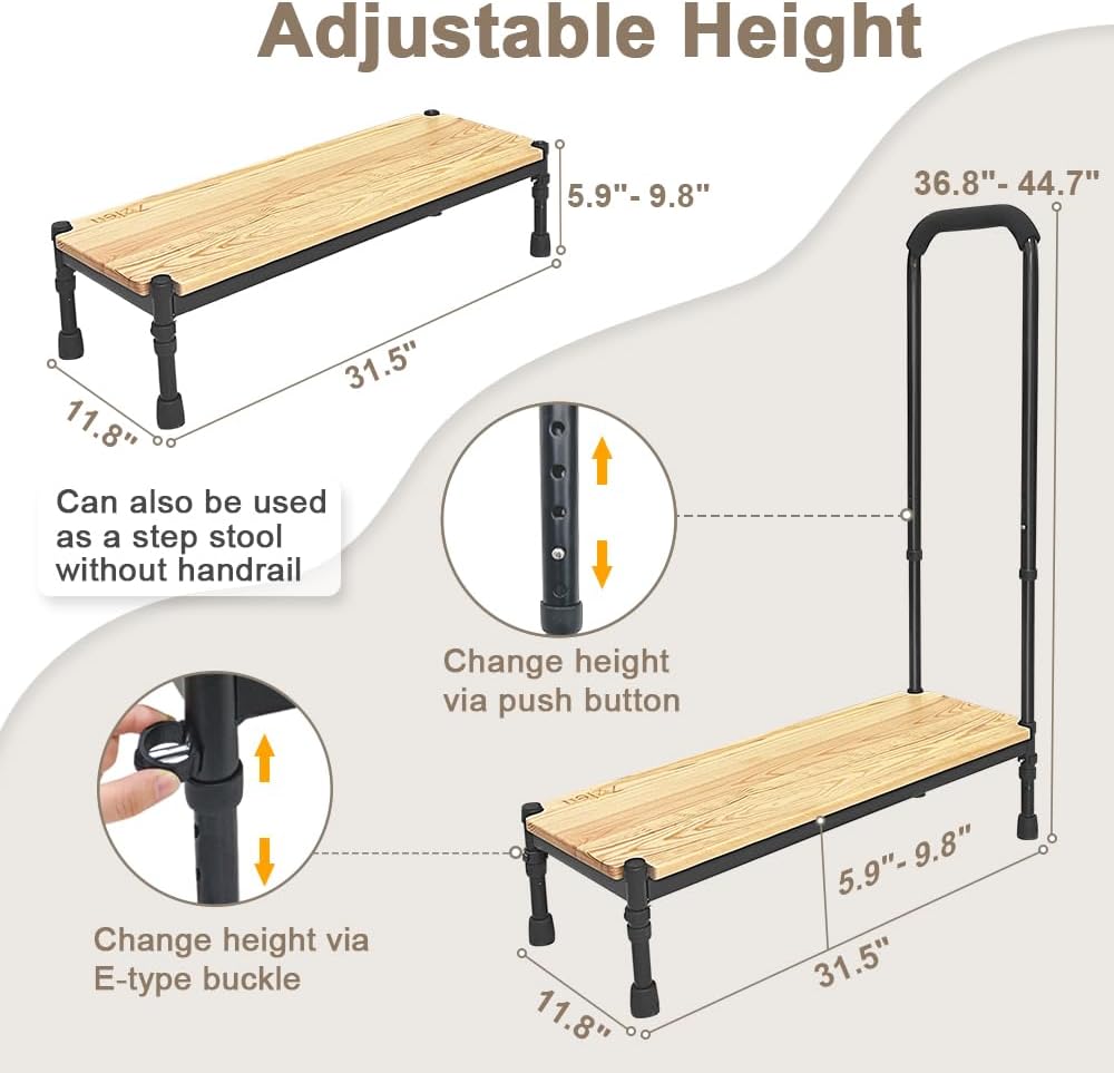 Zelen Bed Step Stool with Handle for Elderly Bedside Steps Stool Medical for High Beds Bedside Assist Rail Bed Grab Bar for Seniors Adjustable Height Handicap Steps Safety Foot Stool with Handrails