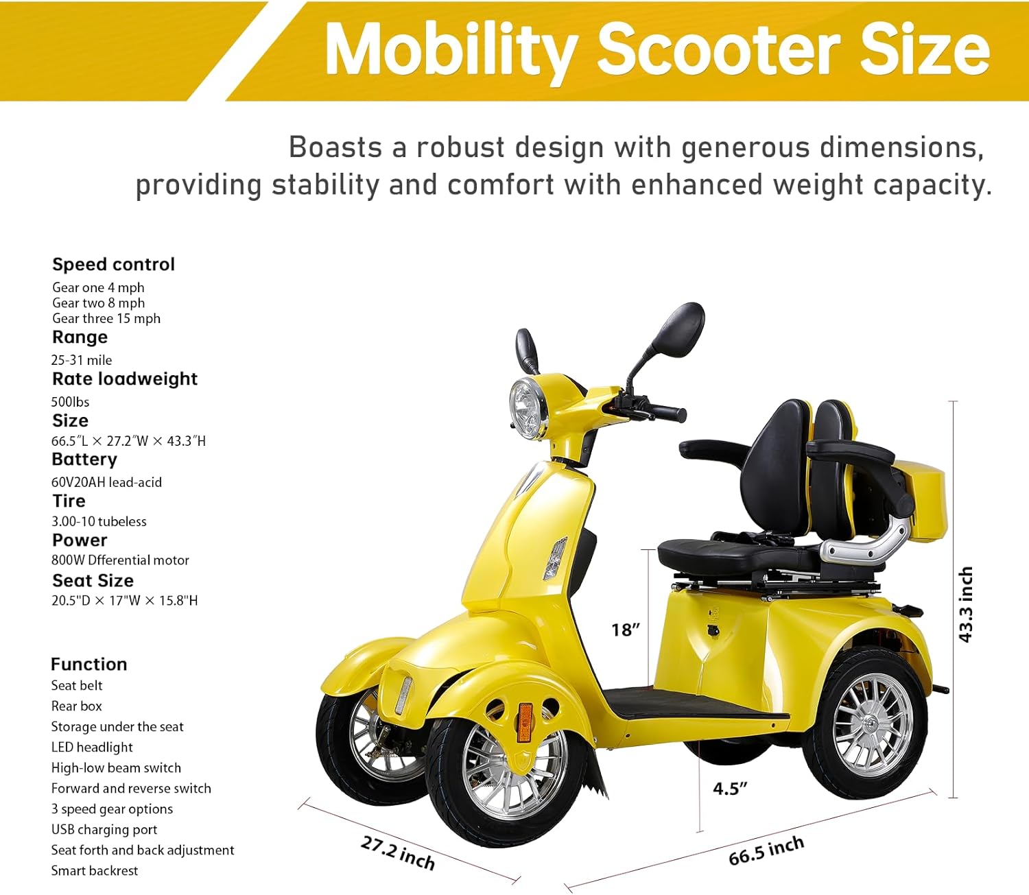 Heavy Duty 4-Wheel 3 Speed Mobility Scooter for Seniors & Adults-500 lbs. Weight Capacity，Adjustable seat.