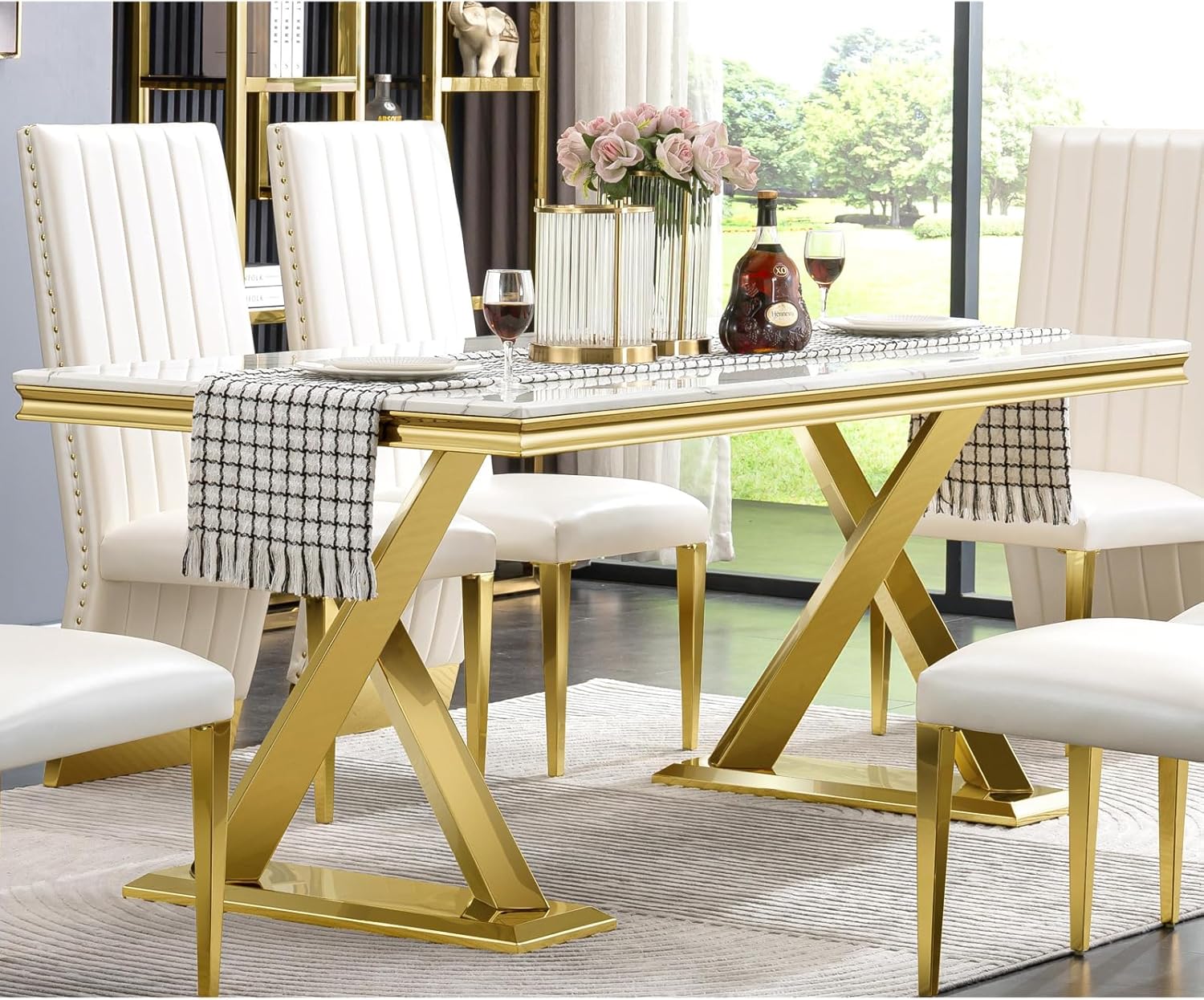 White and Gold Dining Table, 72" Dining Room Table with Polished Gold Double X-Base, Luxury Kitchen Table for 4-8