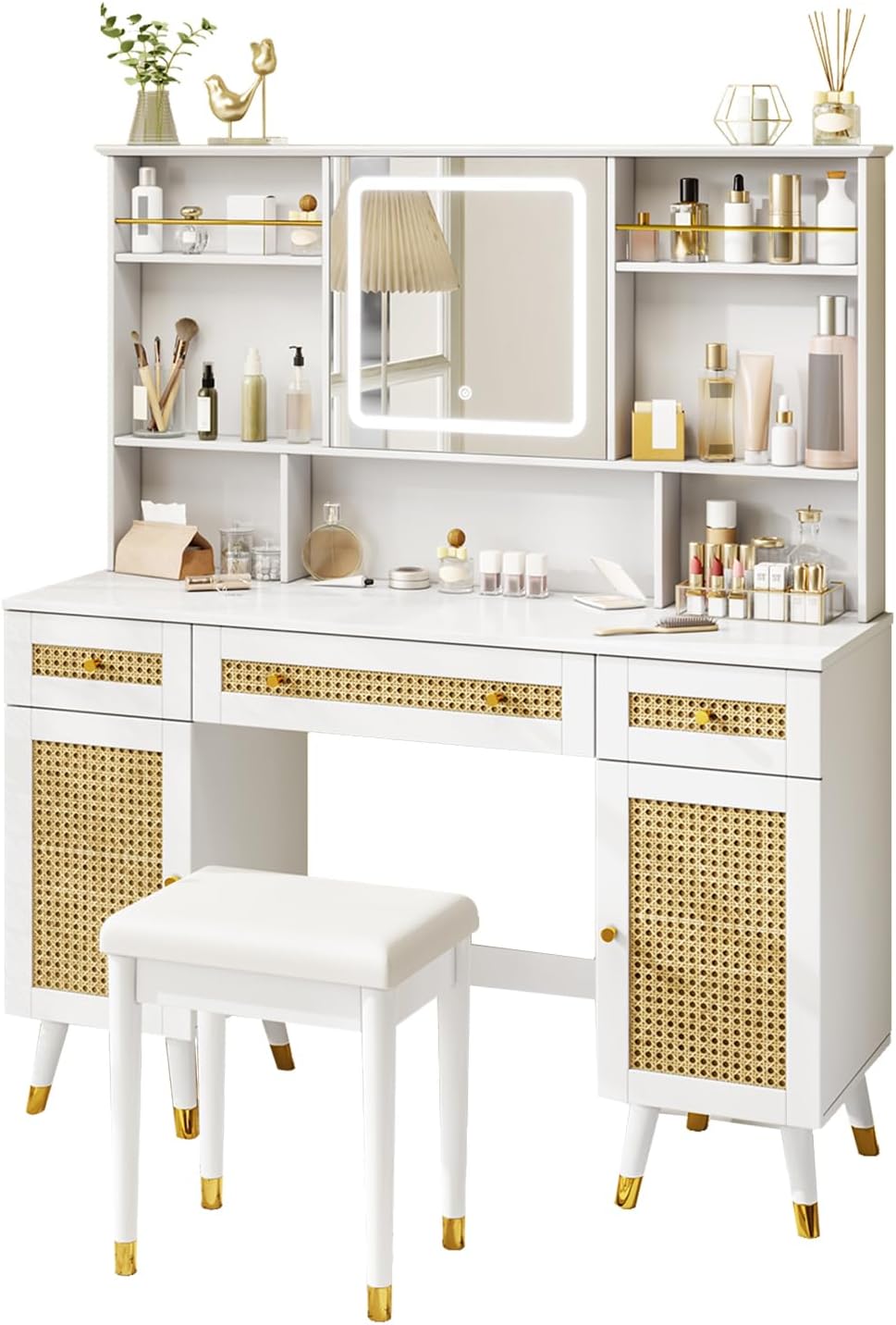 AMERLIFE 47in Rattan Makeup Vanity Desk with Mirror and Lights, Modern Big Vanity Table with Drawers & Shelves, Boho Vanity Set with Rattan Door Cabinets for Women, Bedroom, Stool Included, White