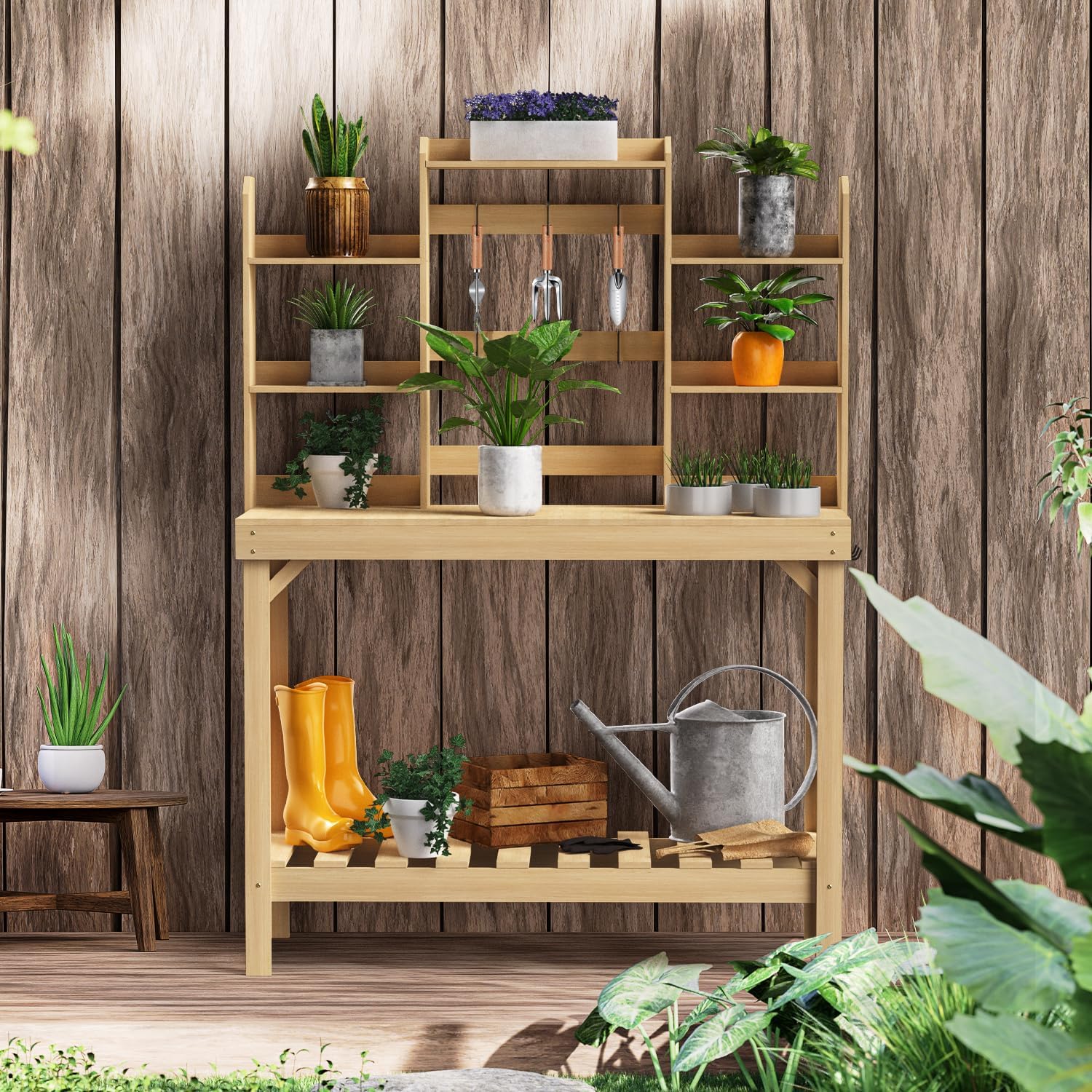 Outdoors Potting Benches Table+Wooden Raised Garden Bed with Legs