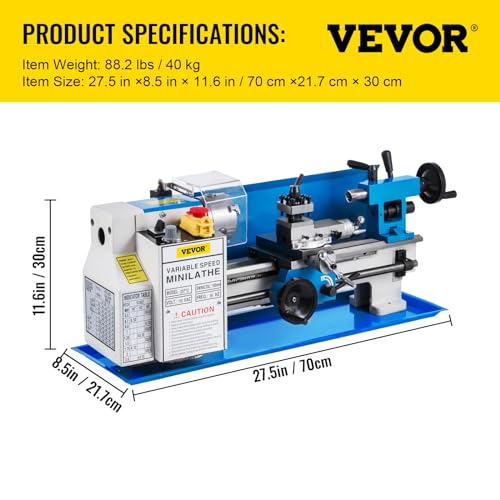 VEVOR Metal Lathe 7"x12",Precision Bench Top Mini Metal Lathe 550W, Metal Lathe Variable Speed 50-2500 RPM Nylon Gear With A Movable Lamp for Precision Parts Processing