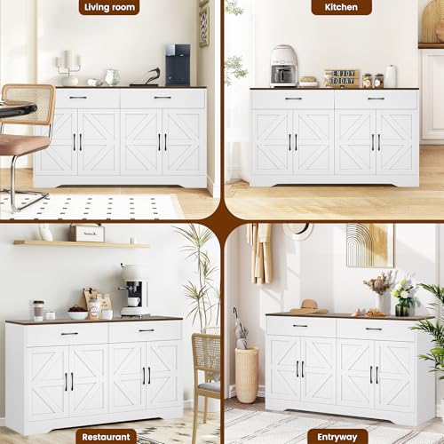 55" Sideboard Buffet Cabinet with Storage, Large Kitchen Storage Sideboard with Drawers & Doors, Modern Wood Farmhouse Coffee Bar Cabinet, Buffet Table for Kitchen, Dining Room, Living Room, White