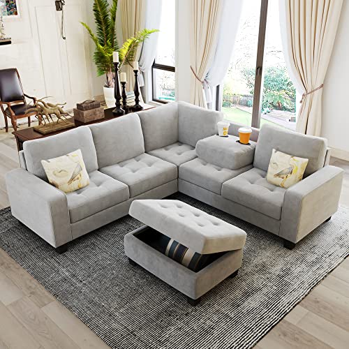 Sectional Corner Sofa L-Shape Couch Space Saving with Storage Ottoman & Cup Holders Design for Large Space Dorm Apartment,Light Grey Living Room Sectionals