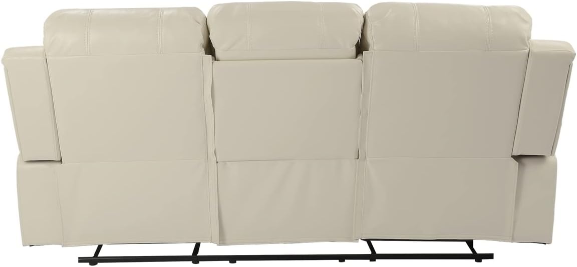 Pannow Double Recliner Loveseat with Console Slate, Double Reclining Sofa with Cup Holder, 3-Seater with Flipped Middle BACKREST Beige Air Leather, Theater Seating Furniture Sofa Bed