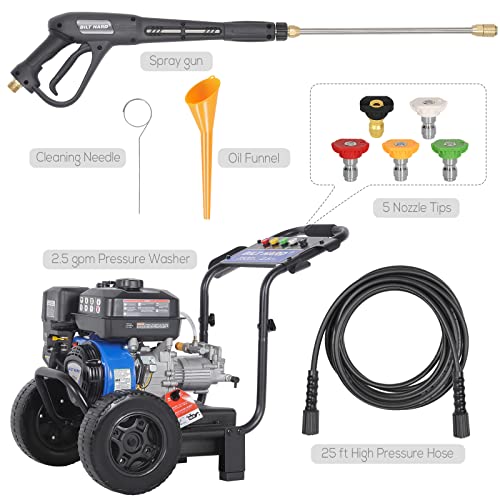Gas Pressure Washer, 2.5 GPM 3500 PSI Axial Pump Gas Power Washer Heavy Duty, 4-Cycle 224cc Engine, Include Spray Gun and Wand, 5 QC Nozzle Tips, 3/5"×25' Hose