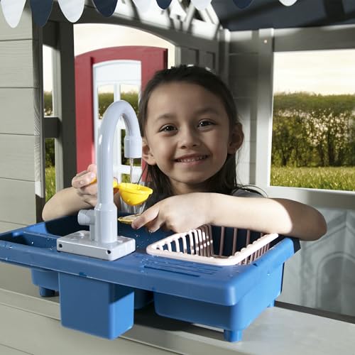 Delta Children MySize Deluxe Outdoor Playhouse with Play Sink with Running Water, Picnic Table & Mailbox – Premium Wooden Cedar Playhouse for Kids, Grey