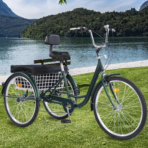Versatile 24/26-Inch 3-Wheel Adult Tricycle with 7-Speed Gearing and Spacious Basket for Comfortable Riding and Storage for Recreation, Shopping, Picnics