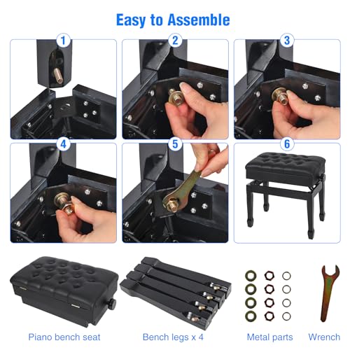 Adjustable Height Piano Bench with Storage, Heavy Duty Wooden Piano Stool Keyboard Bench with PU Leather Cushion, Brown
