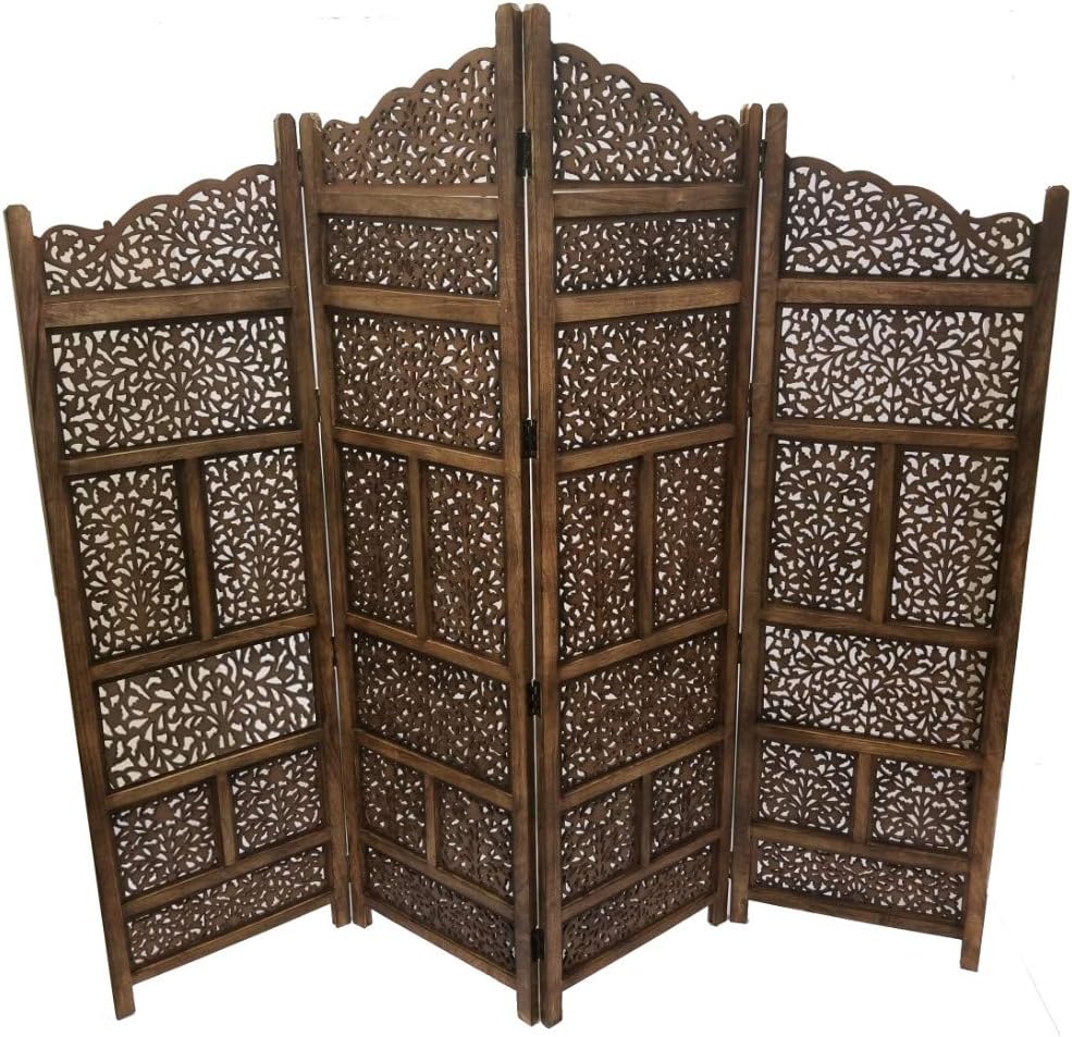 Benjara BM01875 Hand Carved Foldable 4-Panel Wooden Partition Screen/Room Divider, Brown