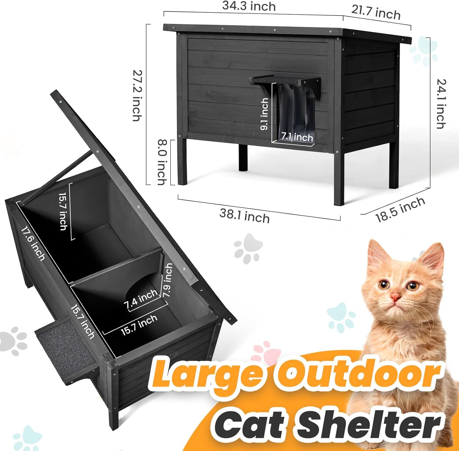 Outdoor Cat House Weatherproof,Feral Cat House Enclosures with Insulated All-Round Foam Wooden Cat Condos for Winter Outside, PVC Door Flaps