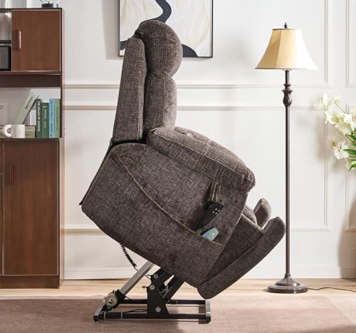 Light Grey Recliner Chair for Elderly | Tall and Big Man 400lbs | Chenille | Power Lift, Lay Flat, Stand Up, Wireless Charging Device, Extended Footrest, Massage Heat, Cup Holder, Lumbar Pillow