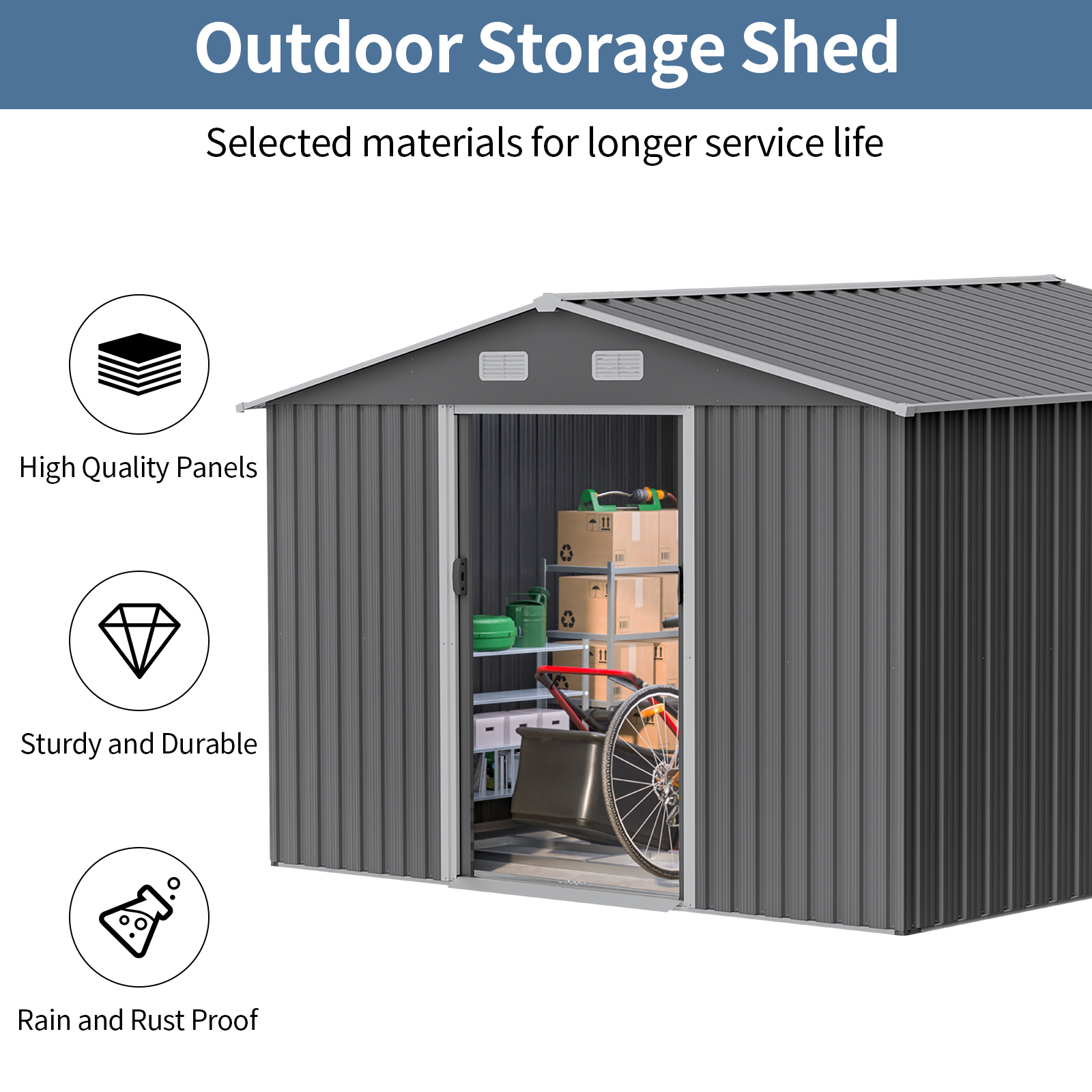 SYTHERS 10x8 FT Outdoor Storage Shed, Metal Garden Sheds Kit with Double Lockable Door, All Weather Garden Tool Sheds for Backyard Patio, Grey