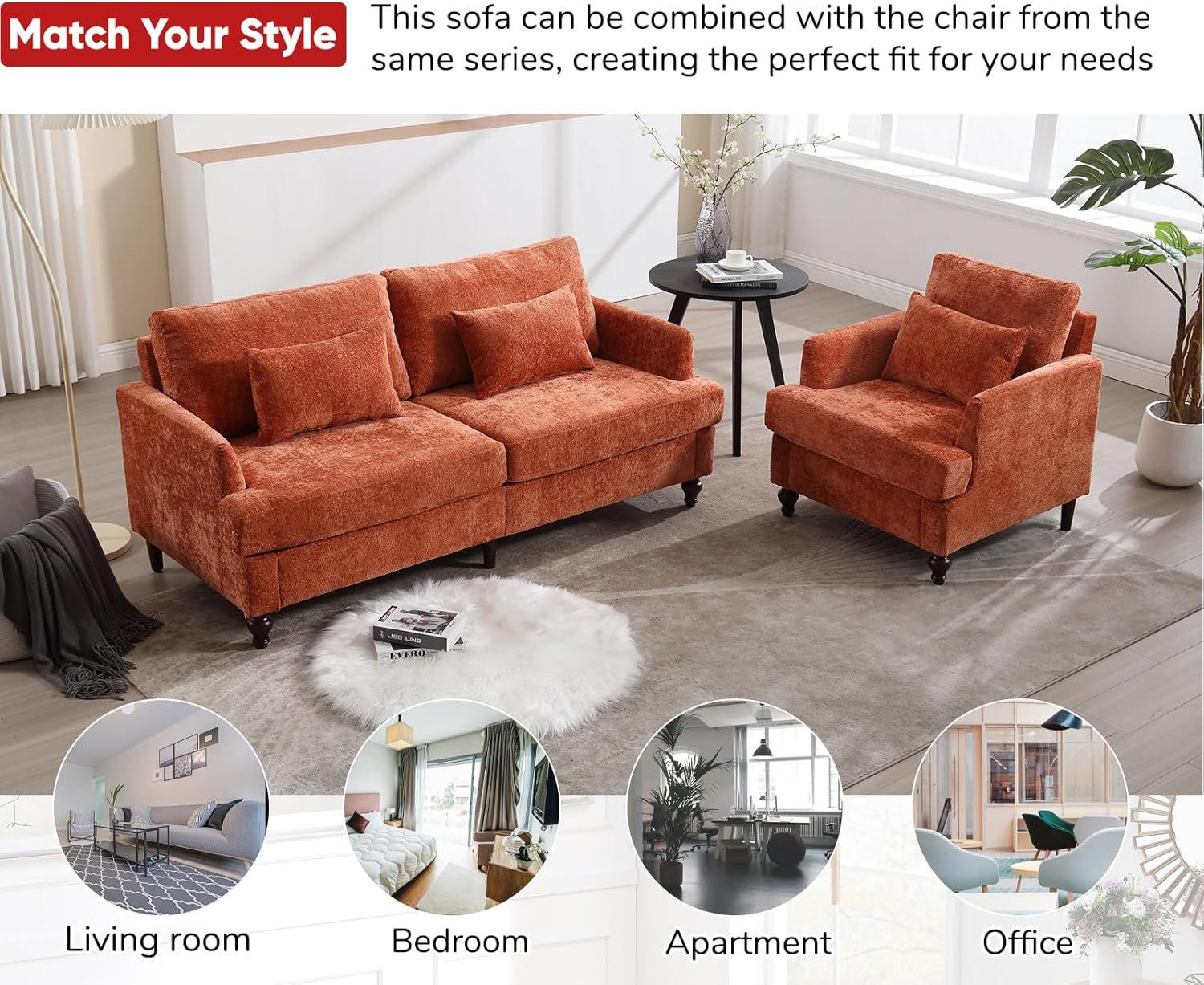 JOYBASE 70 inch Loveseat Sofa, Mid-Century Modern Love Seat Couch with Wood Legs, Upholstered Comfy Sofa for Living Room, Apartment, Office, Bedroom (Burnt Orange, Chenille)