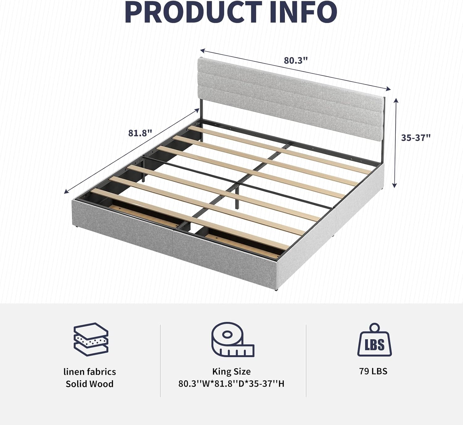 King Bed Frame with 2 Storage Drawers,Platform King Size Bed Frame with Linen Adjustable Headboard,Wooden Slats Mattress Foundation,No Box Spring Needed,Easy Assembly,Light Grey