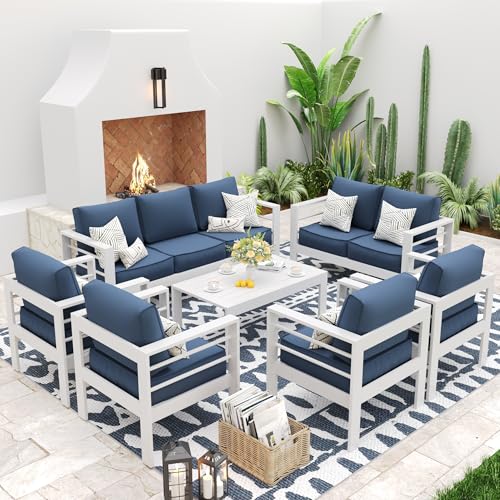 UDPATIO 8 Piece Aluminum Patio Furniture Set, Oversized Modern Outdoor Furniture Set with Olefin Fabric Cushion for Patio Deck Backyard, Dark Grey(with Waterproof Covers)