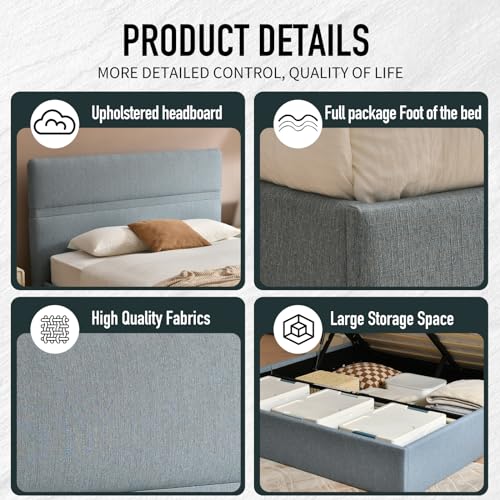 Hydraulic Lift Storage Bed, Queen Upholstered Bed Frame with Linen Headboard, Ample Storage Space, Wooden Slat Support, No Box Spring Required (Beige, Full)
