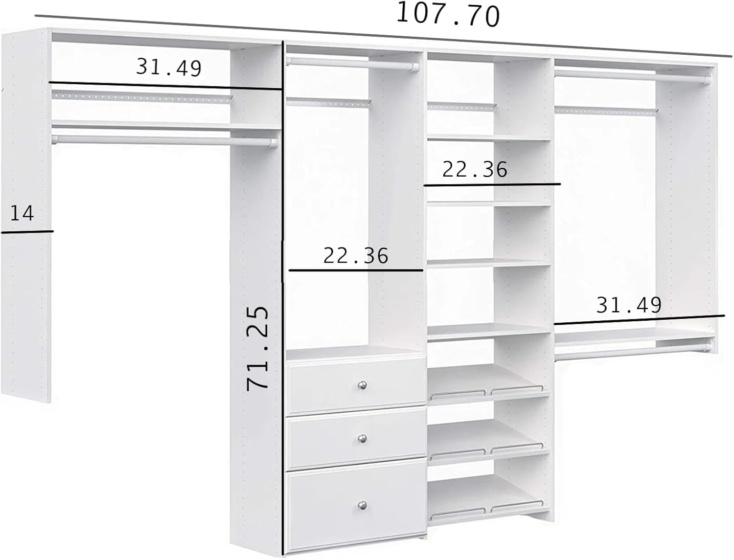 Dual Tower Closet Storage Wall Mounted Wardrobe Organizer Kit System with Shelves and Drawers for Bedroom in White with Hardware Wood Closet, Storage & Organization