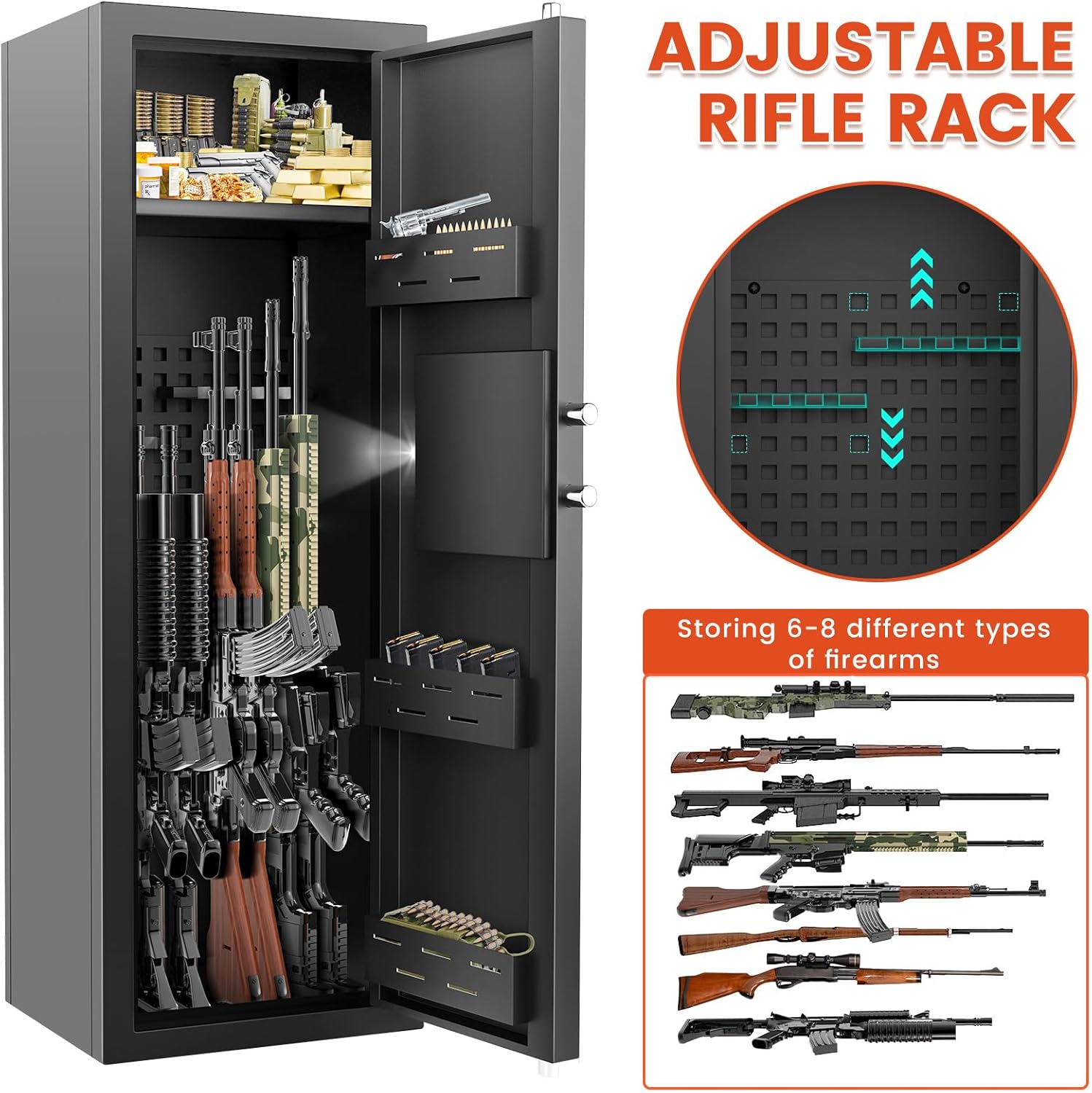 Gun Safe for 6-8 Guns, Gun Safes for Home Rifle and Pistols Fireproof, Rifle Safes for Home with Easy Set up Combination & Spare Keys, Anti-theft Lock and Alarm, Adjustable Racks, Silent Mode