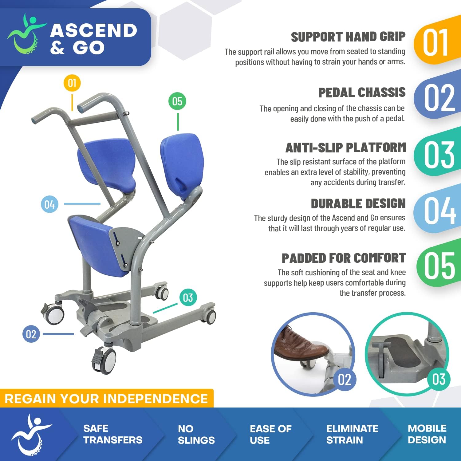 Ascend & GO - Manual Sit to Stand Elderly Assist Transfer Patient Lift Aid, Standing Assist Lift, Senior Transport Assistance Patient Chair, Stand Up Lift - Homecare Professional Use 400lbs. Lift Cap