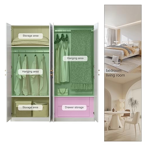 Wooden Armoire Wardrobe Closet Cabinet, 4 Door 2 Drawers White Cabinet for High Storage Capacity, Tall Cabinet Closet Wardrobe with 2 Shelves and Hanging Rod 63" L x 20.3" W x 72" H