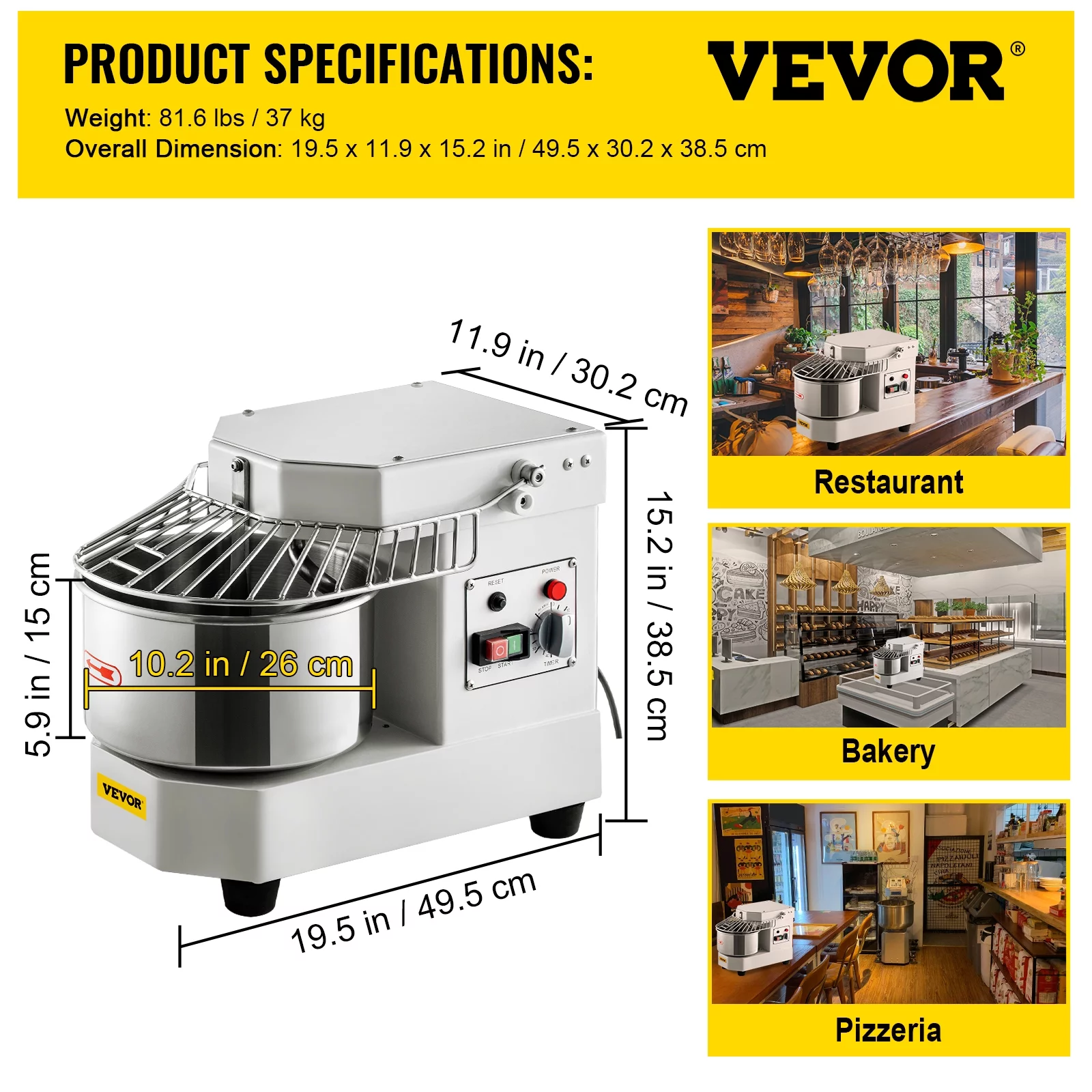 VEVORbrand Commercial Food Mixer, 7.3Qt Capacity, 450W Dual Rotating Dough Kneading Machine with Food-grade Stainless Steel Bowl, Security Shield & Timer Included, Baking Equipment
