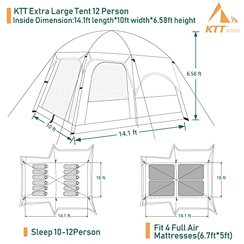 KTT Extra Large Tent 10-12-14 Person(Style-B),Family Cabin Tents,2 Rooms,3 Doors and 3 Windows with Mesh,Straight Wall,Waterproof,Double Layer,Big Tent for Outdoor,Picnic,Camping,Family Gathering