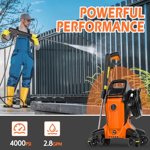 Electric Pressure Washer, 4000PSI 2.8GPM Pressure Washer with 4 Anti-Tipping Wheels, Electric Power Washer with 4 Pressure Tips and 500ML Foam Cannon for Home Garden Cleaning