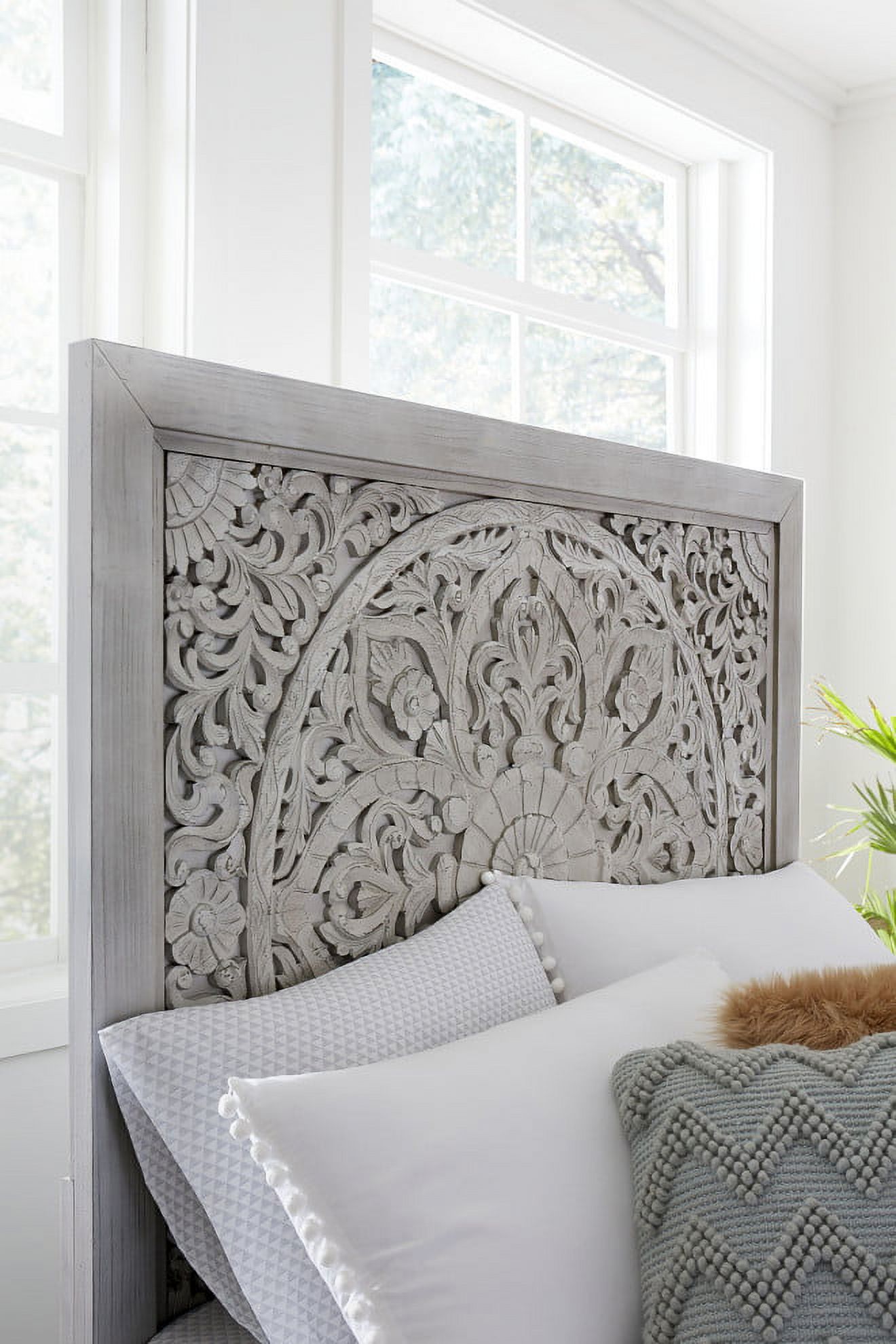 Modus Furniture Boho Chic Carved Platform Bed in Washed White