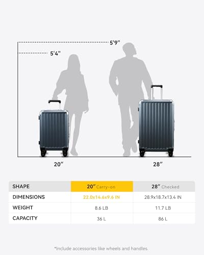 LUGGEX Aluminum Frame Luggage with Spinner Wheels, Zipperless Polycarbonate Hard Shell Carry On Luggage, 20 Inch Suitcases, Charcoal Metallic