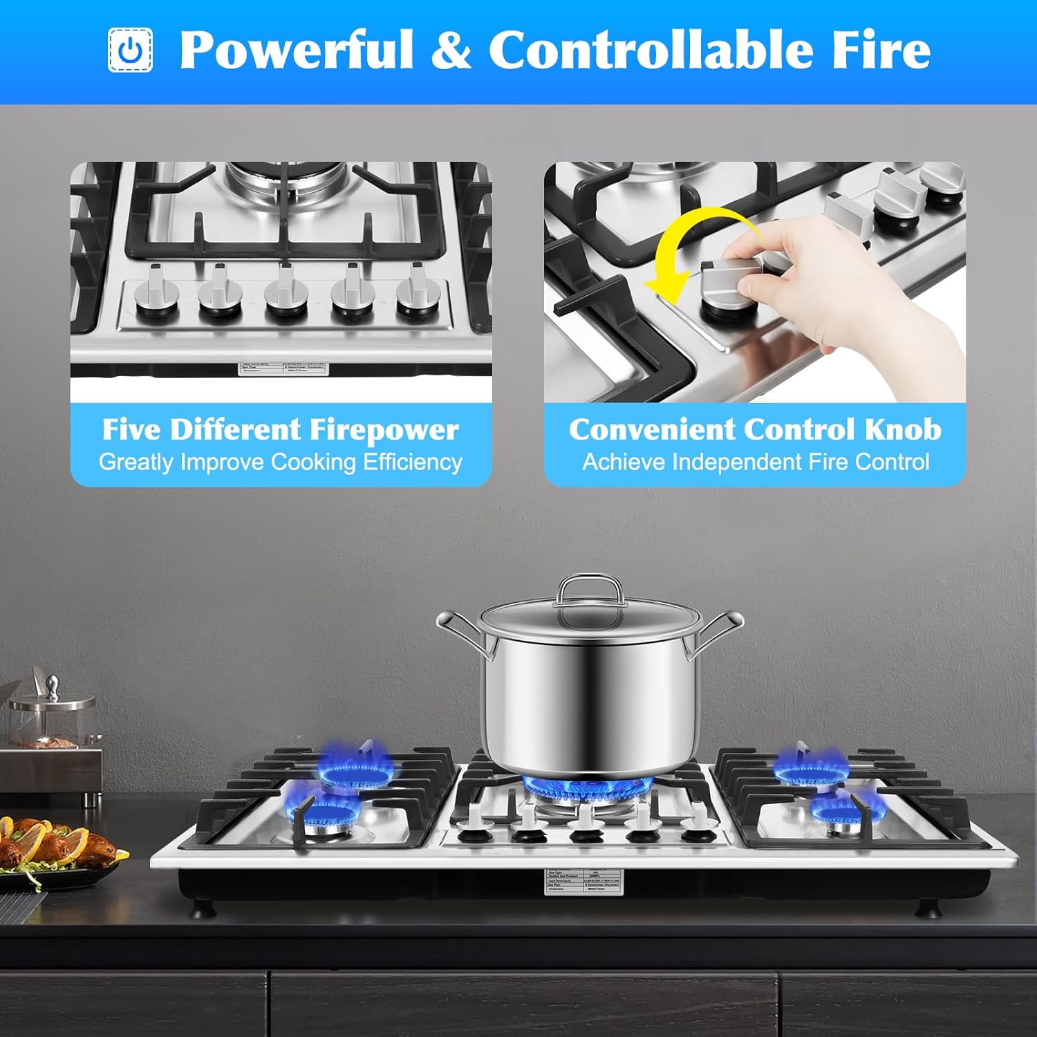 Gas Cooktop 34 inch 5 Burners, Built-in Gas Stove Top Five Different Powered Burners, NG/LPG Convertible Dual Fuel Automatic Flame Failure Protection Device Fully Enclosed Stainless Steel Panel.