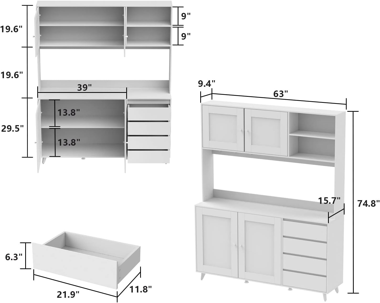 63"W 74.8"W Buffet with Hutch, Freestanding Kitchen Pantry Oak/White