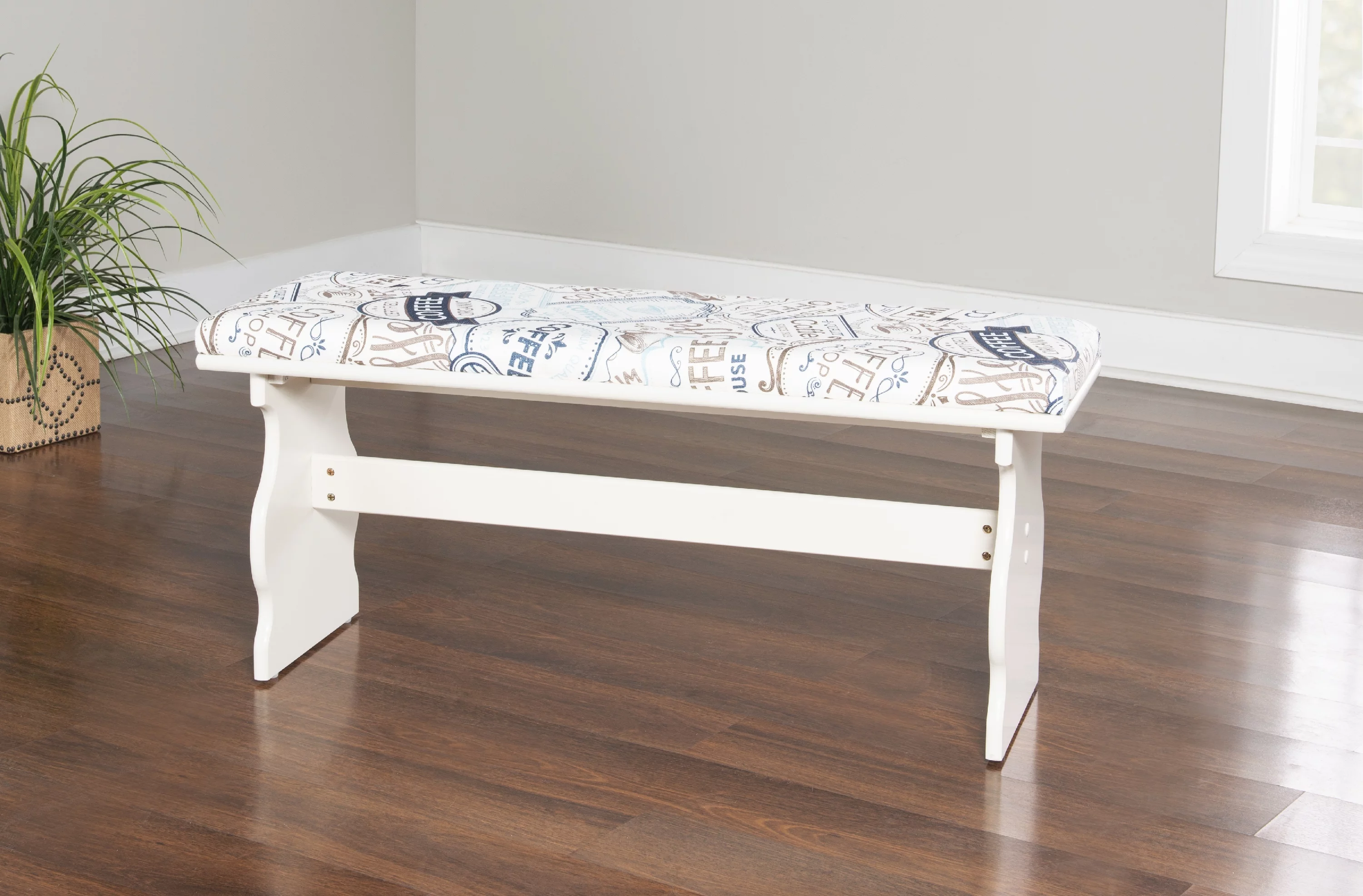 Linon Sasha Casual Dining Breakfast Nook with Corner Unit, Table, and Bench, 29.4" Table Height, Seats 5, White Finish with Coffee Patterned Fabric