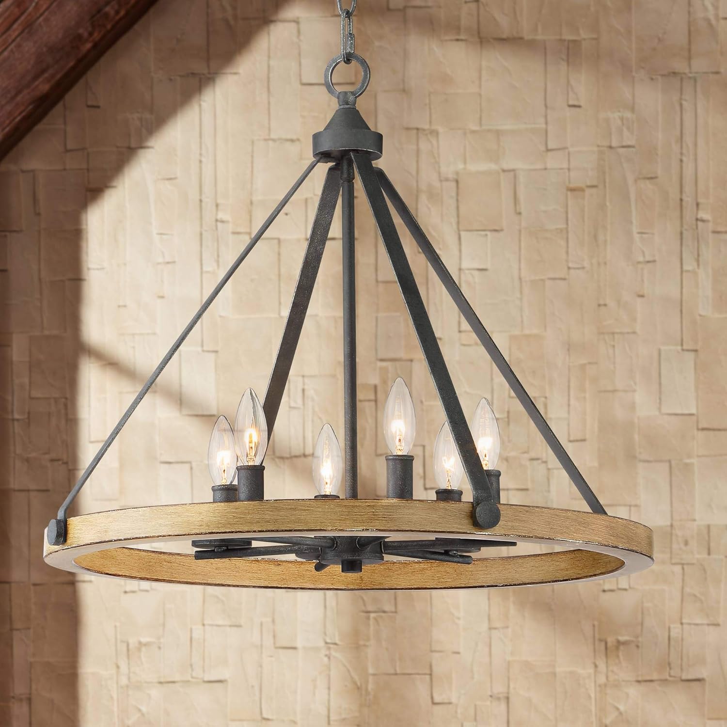 Markham Black Ash Wood Wagon Wheel Chandelier 24" Wide Rustic Farmhouse Industrial 6-Light Fixture for Dining Room House Foyer Entryway Kitchen Bedroom Living Room High Ceilings - Franklin Iron Works