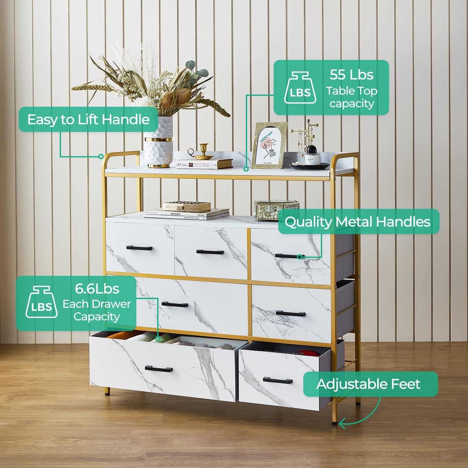 LINSY HOME Dresser for Bedroom, White Chest of Drawers with Double Shelf and 7 Drawers, Storage Organizer for Closet, Living Room, Entryway, Sturdy Steel Frame, Wood Top