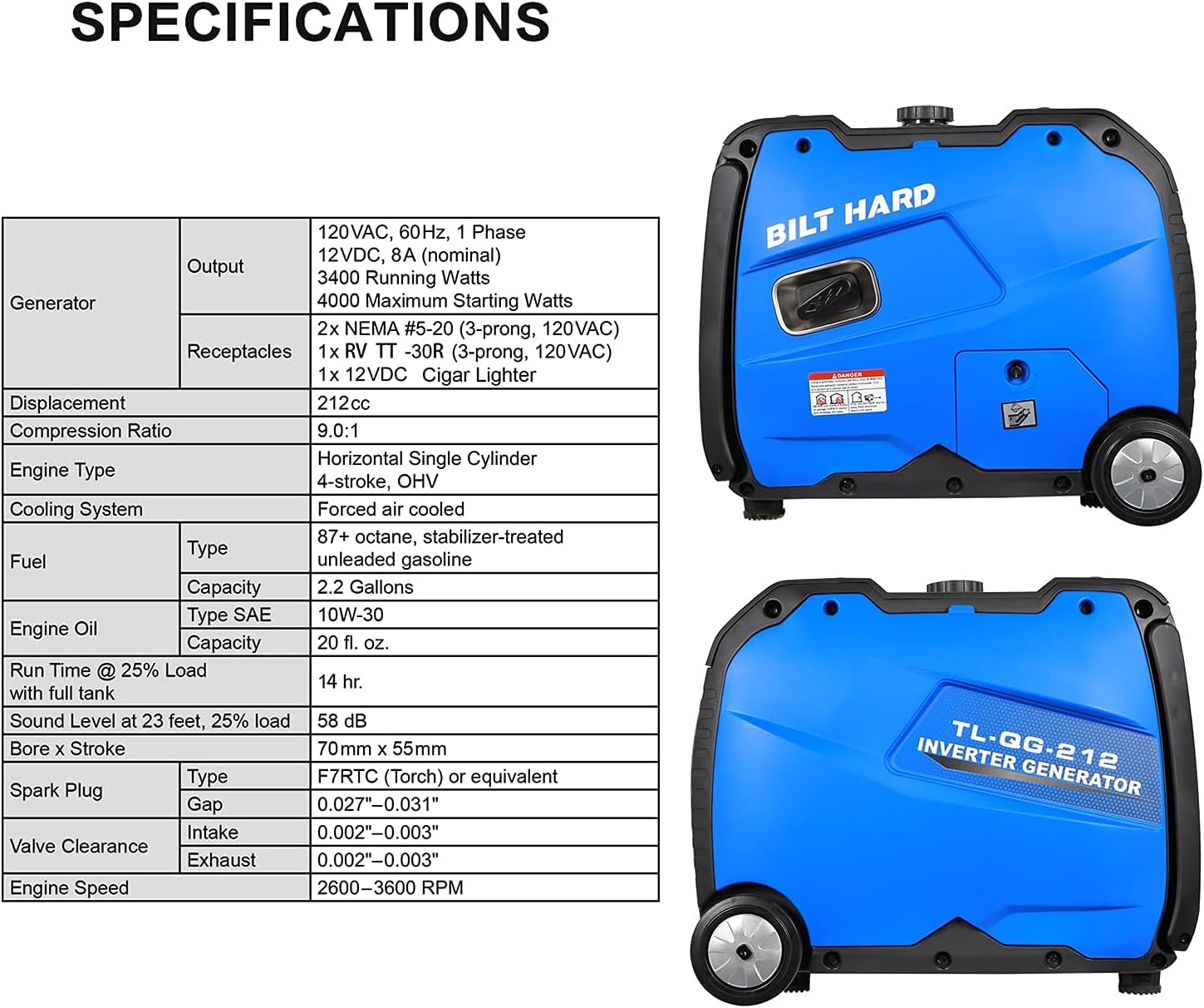 BILT HARD 4000 Watt Quiet Inverter Generator, with Electric Start, Fuel Shut Off, Gas Powered RV Ready Outdoor Portable Generator 4000W, EPA & CARB