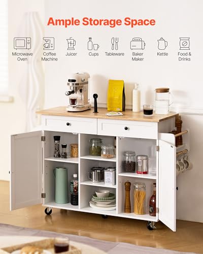 VEVOR Kitchen Island Cart with Solid Wood Top, 35.4" Width Mobile Carts with Storage Cabinet, Rolling Kitchen Table with Spice Rack, Towel Rack, and Drawer, Portable Islands on Wheels, White
