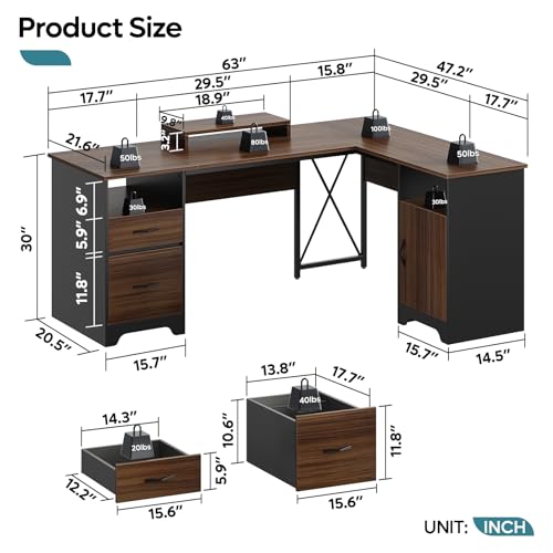 Bestier L Shaped Desk with File Drawers, 63" x 47" Office Computer Desk with Storage Cabinet, Corner Desk with Monitor Stand & Modesty Panel for Home Office, Gray