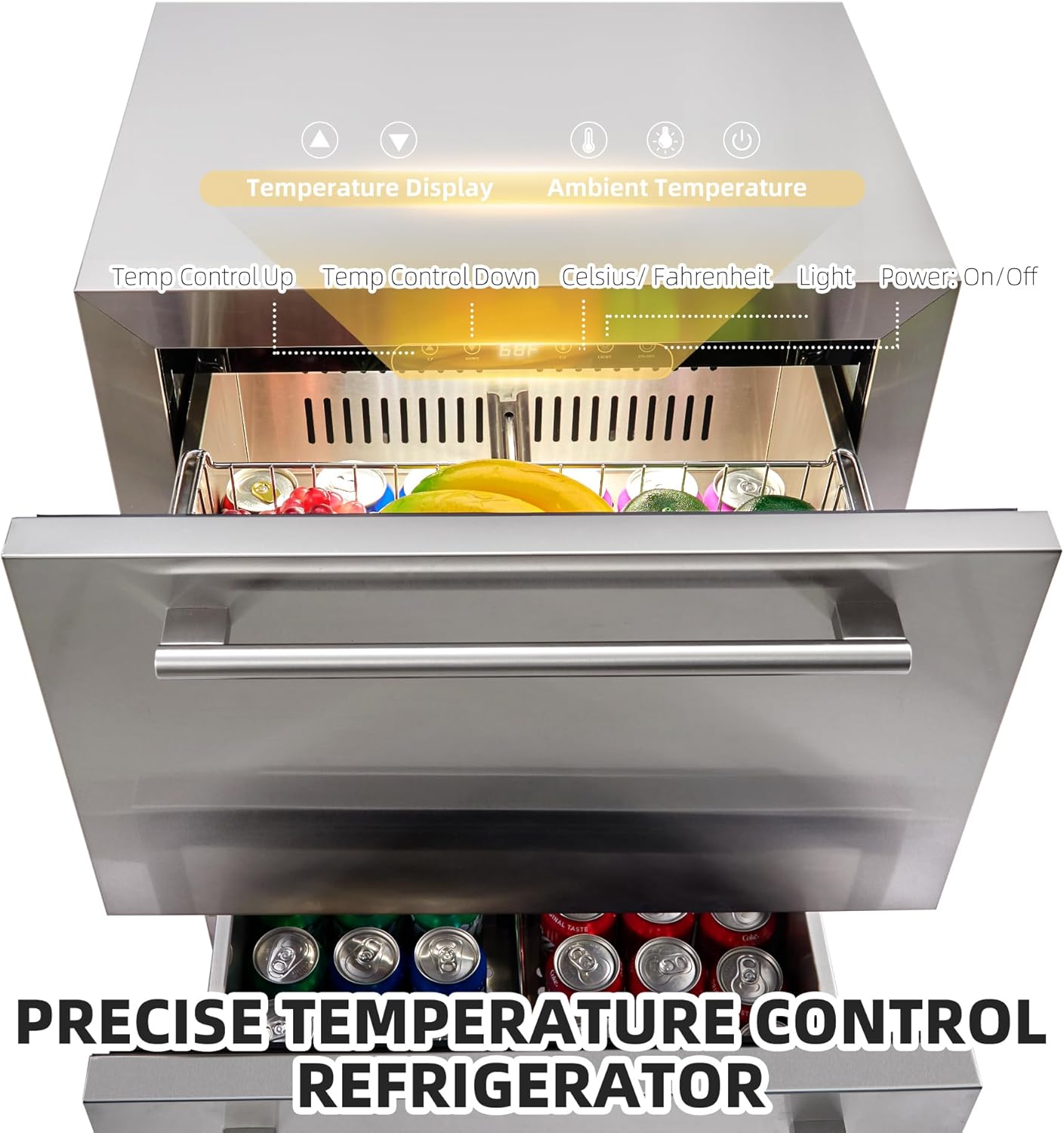 24 Inch Under Counter Drawer Fridge, Outdoor Undercounter Refrigerators for Patio with Weatherproof Full Stainless Steel Body, Built in Wine & Beverage Refrigerator for Home and Commercial