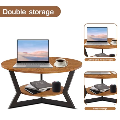 Coffee Table, Round Wood Coffee Table for Living Room with 2-Tier Table Top with Storage Rack, Metal Leg Triangle Support Design, Home Furniture, 35 x 35 x 17 in