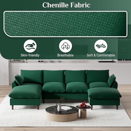 U Shaped Sectional Sofa Cloud Couch for Living Room, 112" Comfy Modular Deep Seat Couches, Oversized Fluffy Modern Chenille 6-Seater Sofa with Lounge Chaise Ottoman, Cream White